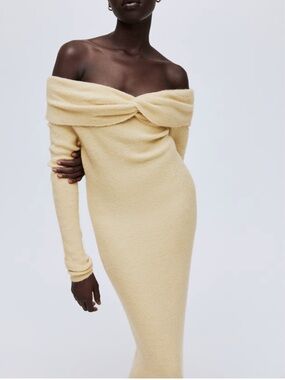 H&M | Fine Knit Off-Shoulder Twist Knit MIDI Dress in Pale Yellow XS